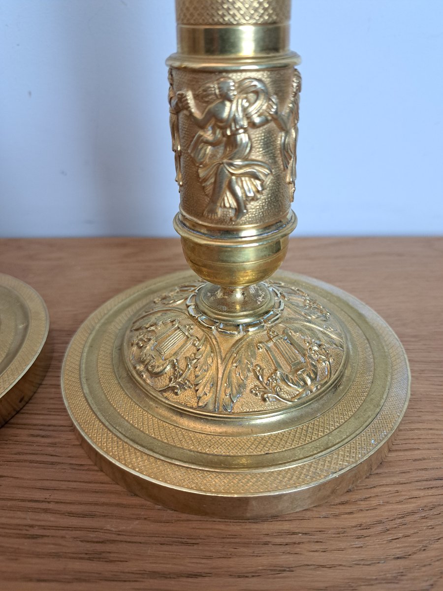 Paire de Bougeoirs , La Musique , Bronze doré , Empire /Restauration , Début XIX°. -photo-1