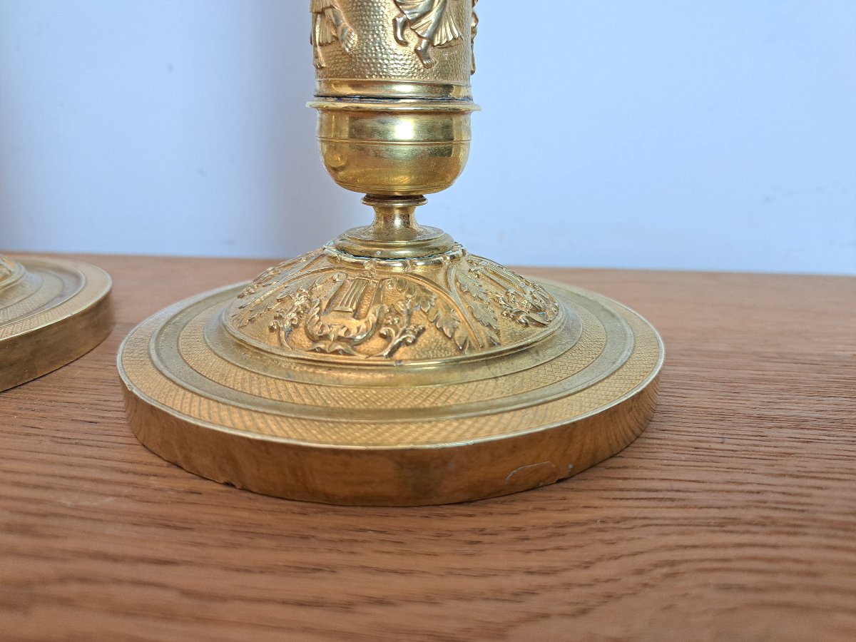 Paire de Bougeoirs , La Musique , Bronze doré , Empire /Restauration , Début XIX°. -photo-3