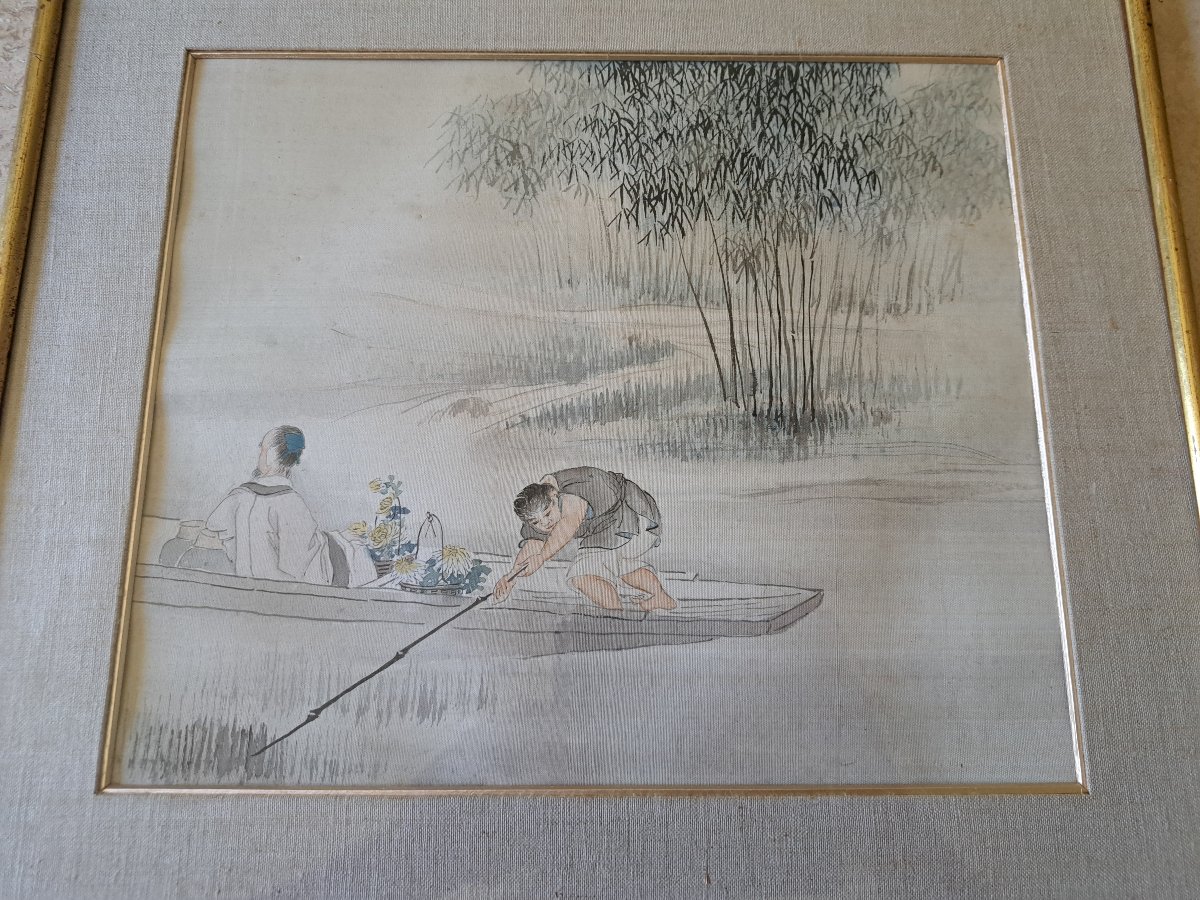 Figures In A Boat, Chrysanthemums, Watercolor, China, Late 19th/early 20th Century. -photo-2