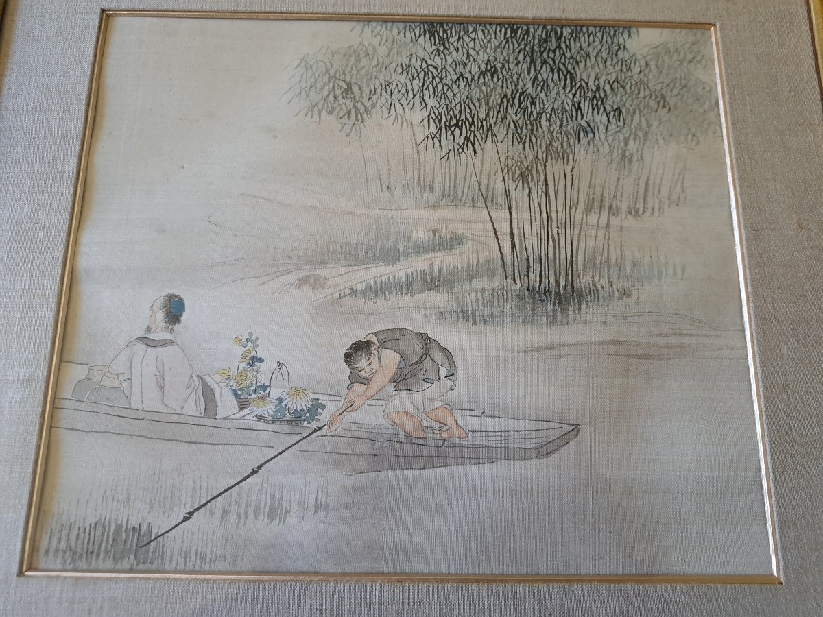 Figures In A Boat, Chrysanthemums, Watercolor, China, Late 19th/early 20th Century. -photo-3