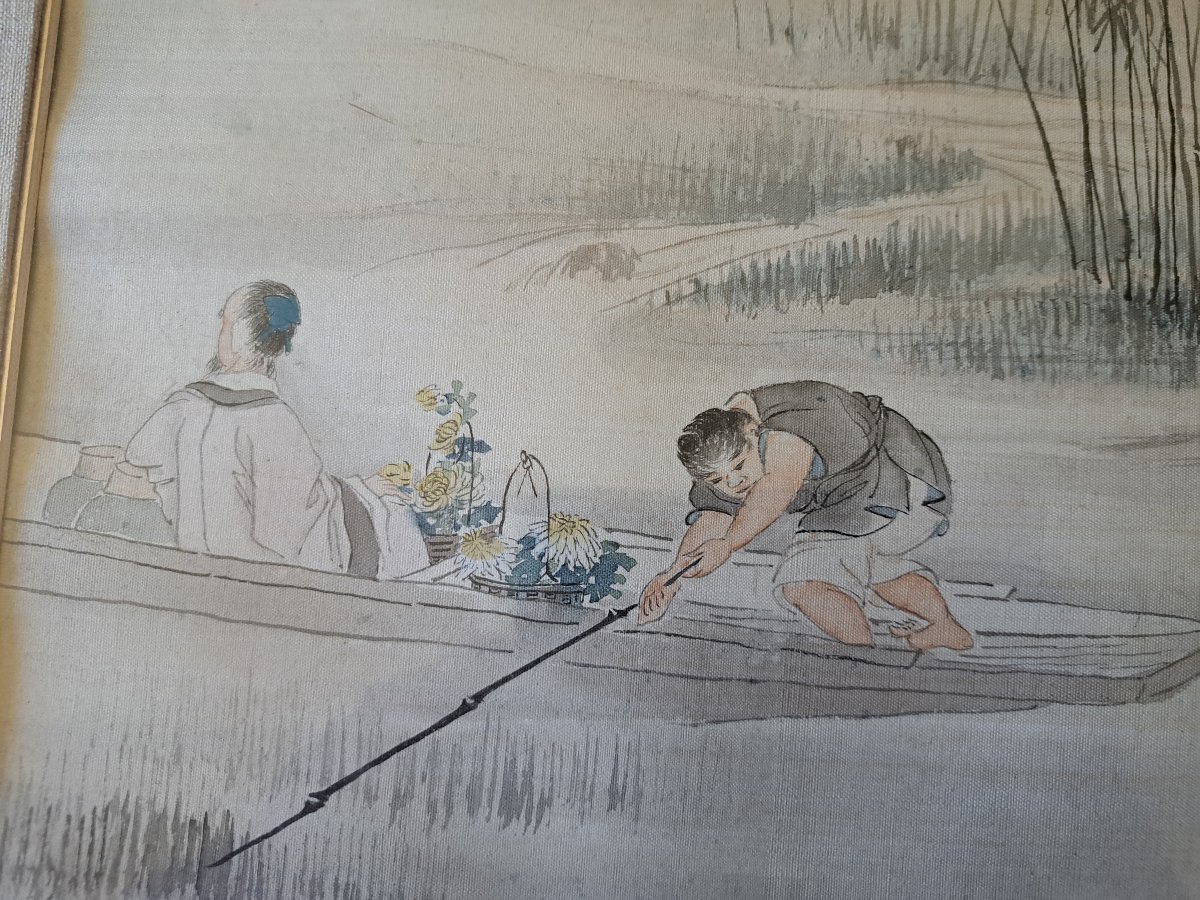 Figures In A Boat, Chrysanthemums, Watercolor, China, Late 19th/early 20th Century. -photo-4