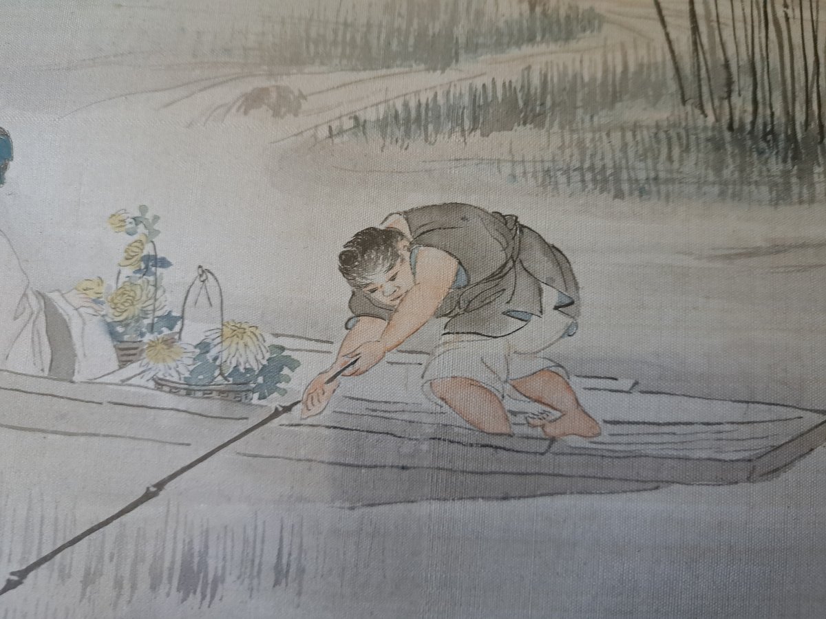 Figures In A Boat, Chrysanthemums, Watercolor, China, Late 19th/early 20th Century. -photo-1