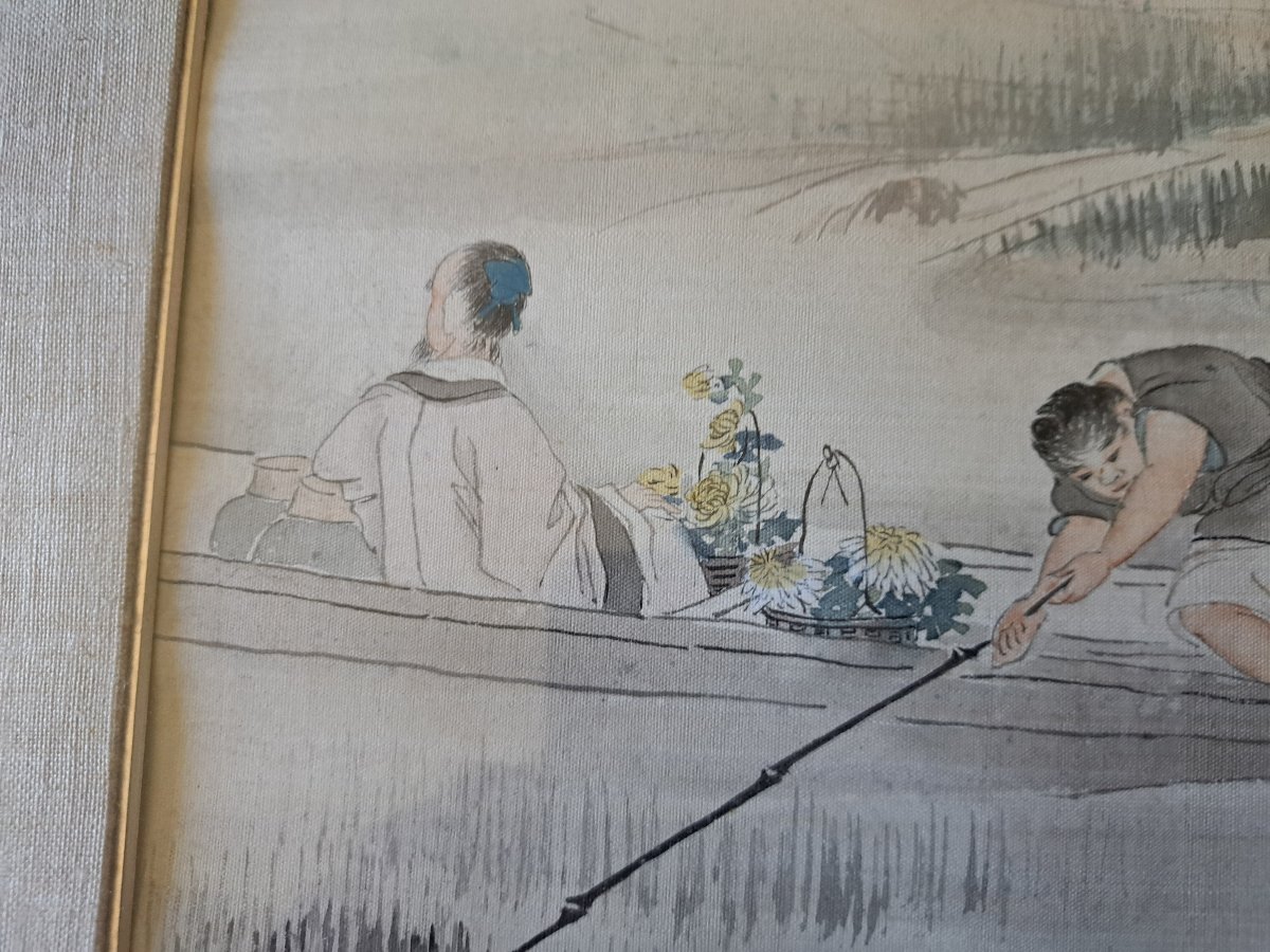 Figures In A Boat, Chrysanthemums, Watercolor, China, Late 19th/early 20th Century. -photo-2