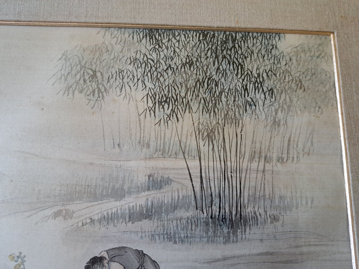 Figures In A Boat, Chrysanthemums, Watercolor, China, Late 19th/early 20th Century. -photo-3
