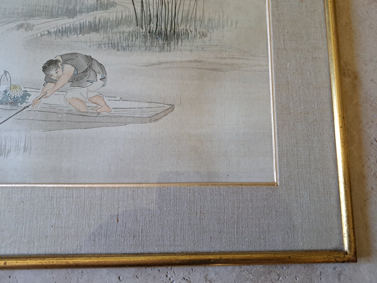 Figures In A Boat, Chrysanthemums, Watercolor, China, Late 19th/early 20th Century. -photo-4
