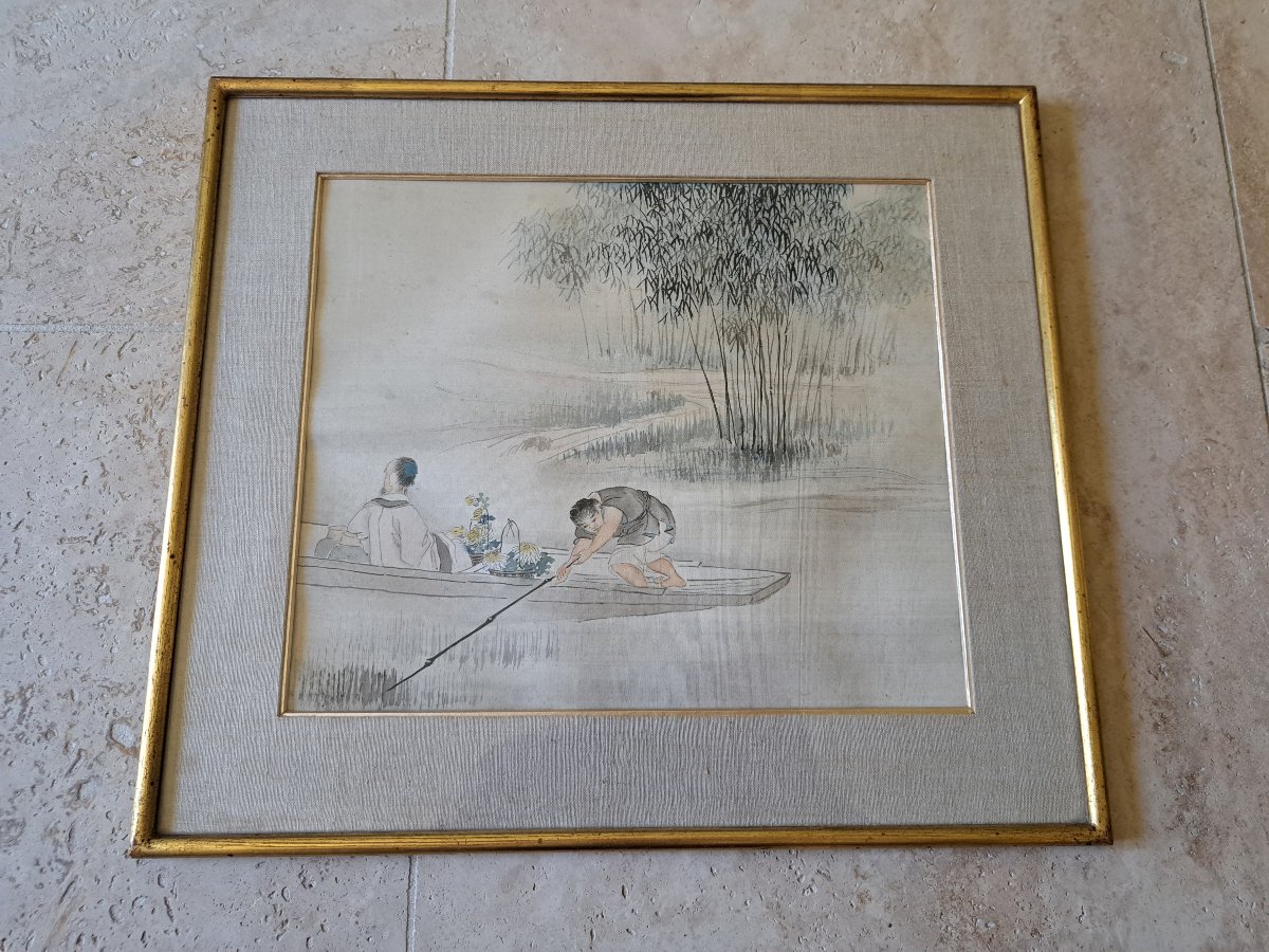 Figures In A Boat, Chrysanthemums, Watercolor, China, Late 19th/early 20th Century. -photo-5