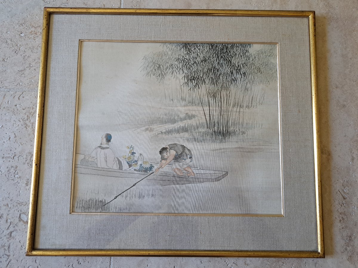Figures In A Boat, Chrysanthemums, Watercolor, China, Late 19th/early 20th Century. 