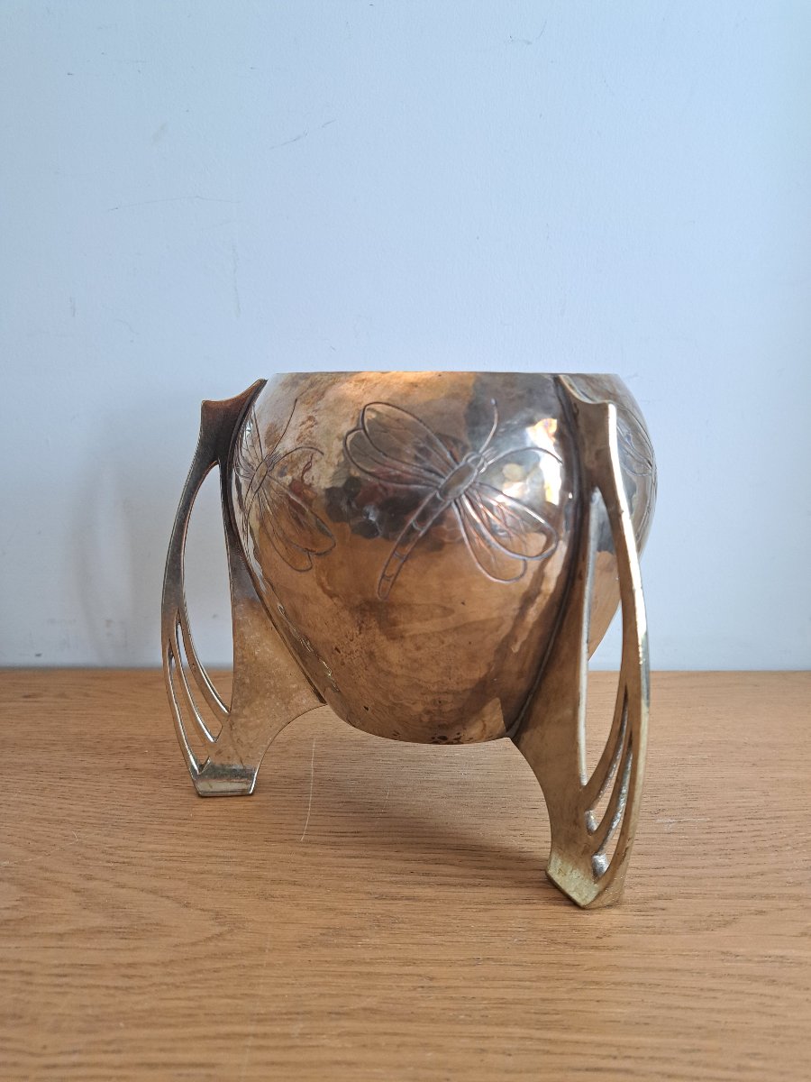WMF , Vase aux libellules , Laiton et cuivre ciselé , Art Nouveau , Fin XIX°/Début XX°. -photo-2