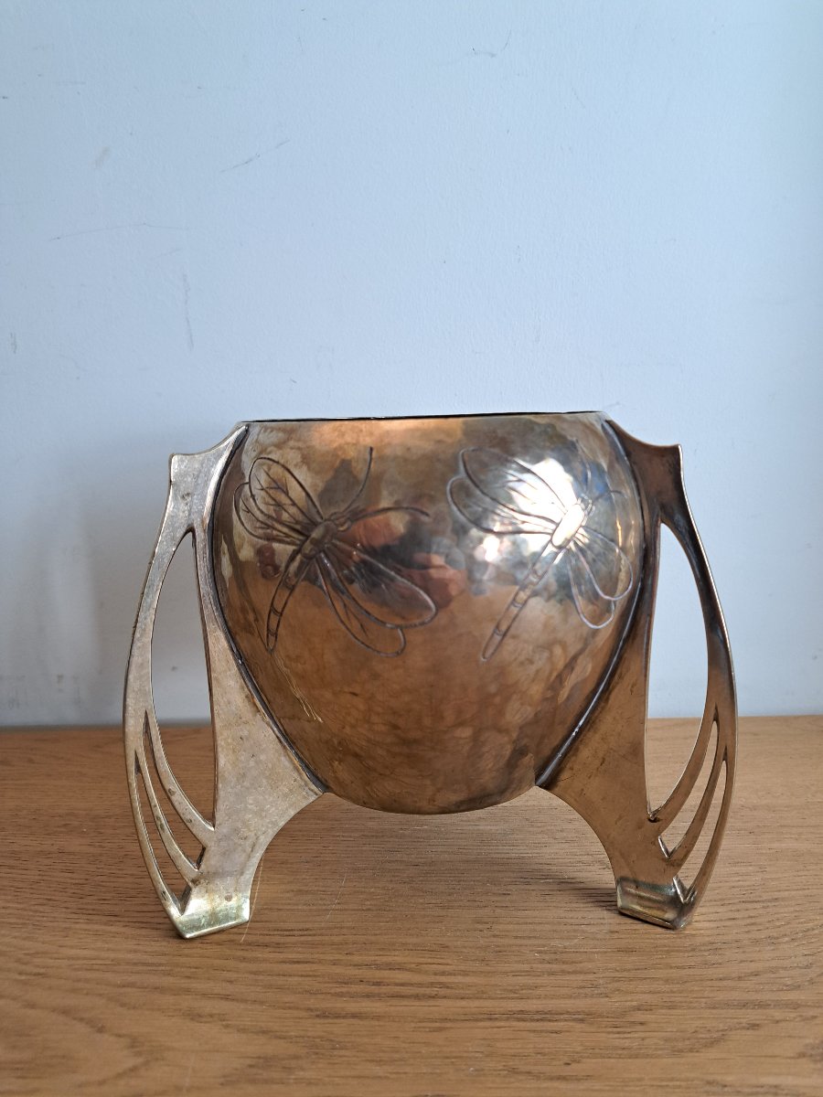 WMF , Vase aux libellules , Laiton et cuivre ciselé , Art Nouveau , Fin XIX°/Début XX°. -photo-3