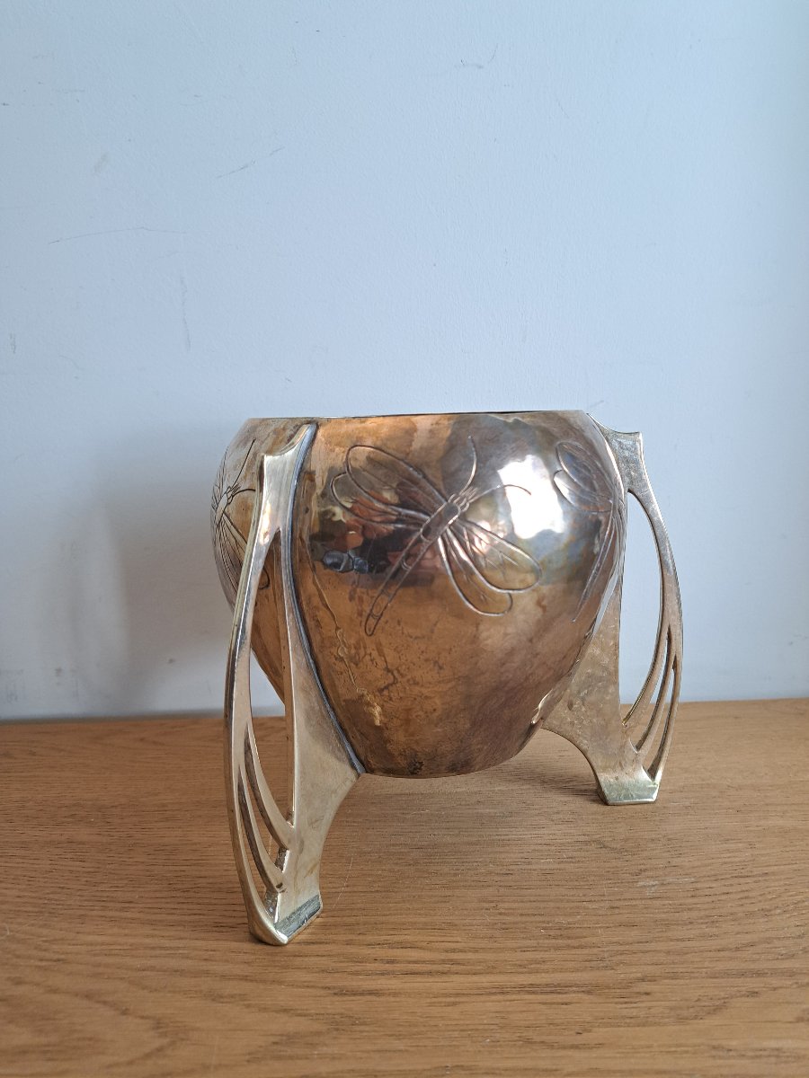 WMF , Vase aux libellules , Laiton et cuivre ciselé , Art Nouveau , Fin XIX°/Début XX°. -photo-4