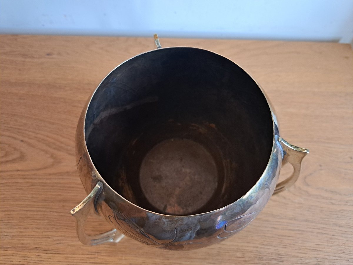 WMF , Vase aux libellules , Laiton et cuivre ciselé , Art Nouveau , Fin XIX°/Début XX°. -photo-1