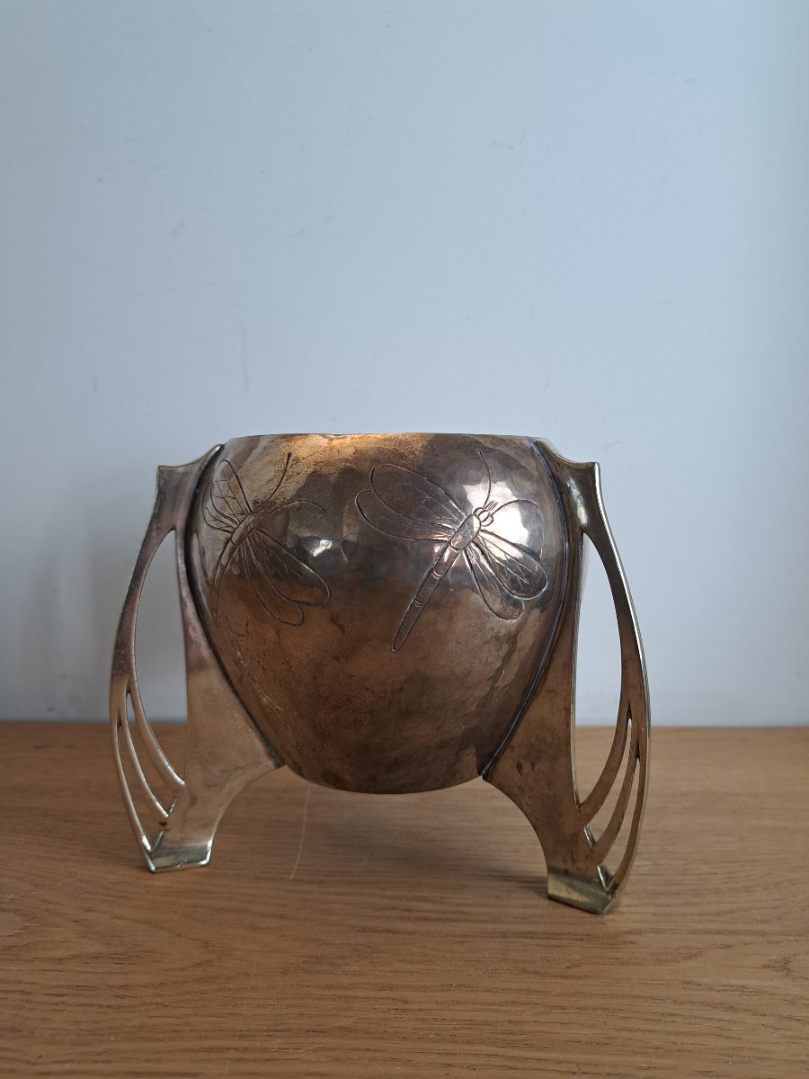 WMF , Vase aux libellules , Laiton et cuivre ciselé , Art Nouveau , Fin XIX°/Début XX°. 