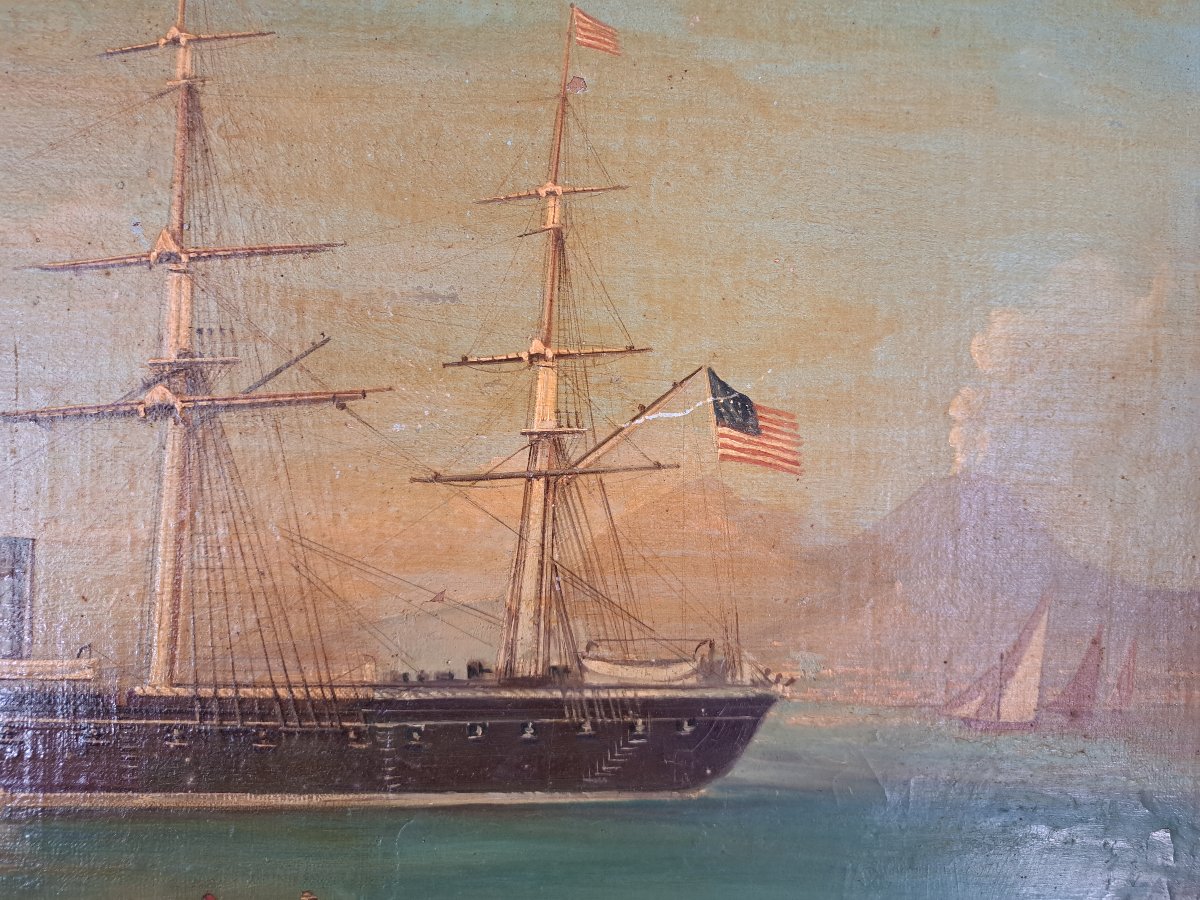 Portrait de Navire américain devant la baie de Naples , Huile sur toile , XIX°. -photo-3
