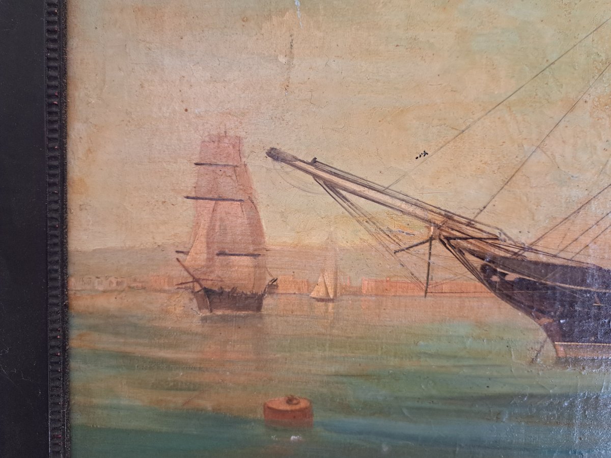 Portrait de Navire américain devant la baie de Naples , Huile sur toile , XIX°. -photo-2