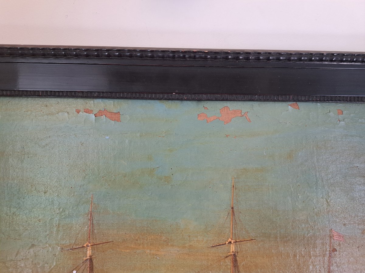 Portrait de Navire américain devant la baie de Naples , Huile sur toile , XIX°. -photo-3