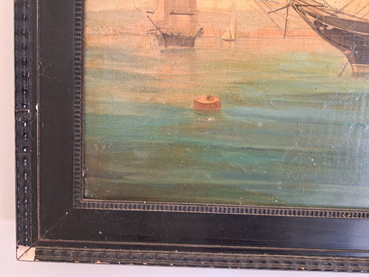 Portrait de Navire américain devant la baie de Naples , Huile sur toile , XIX°. -photo-5