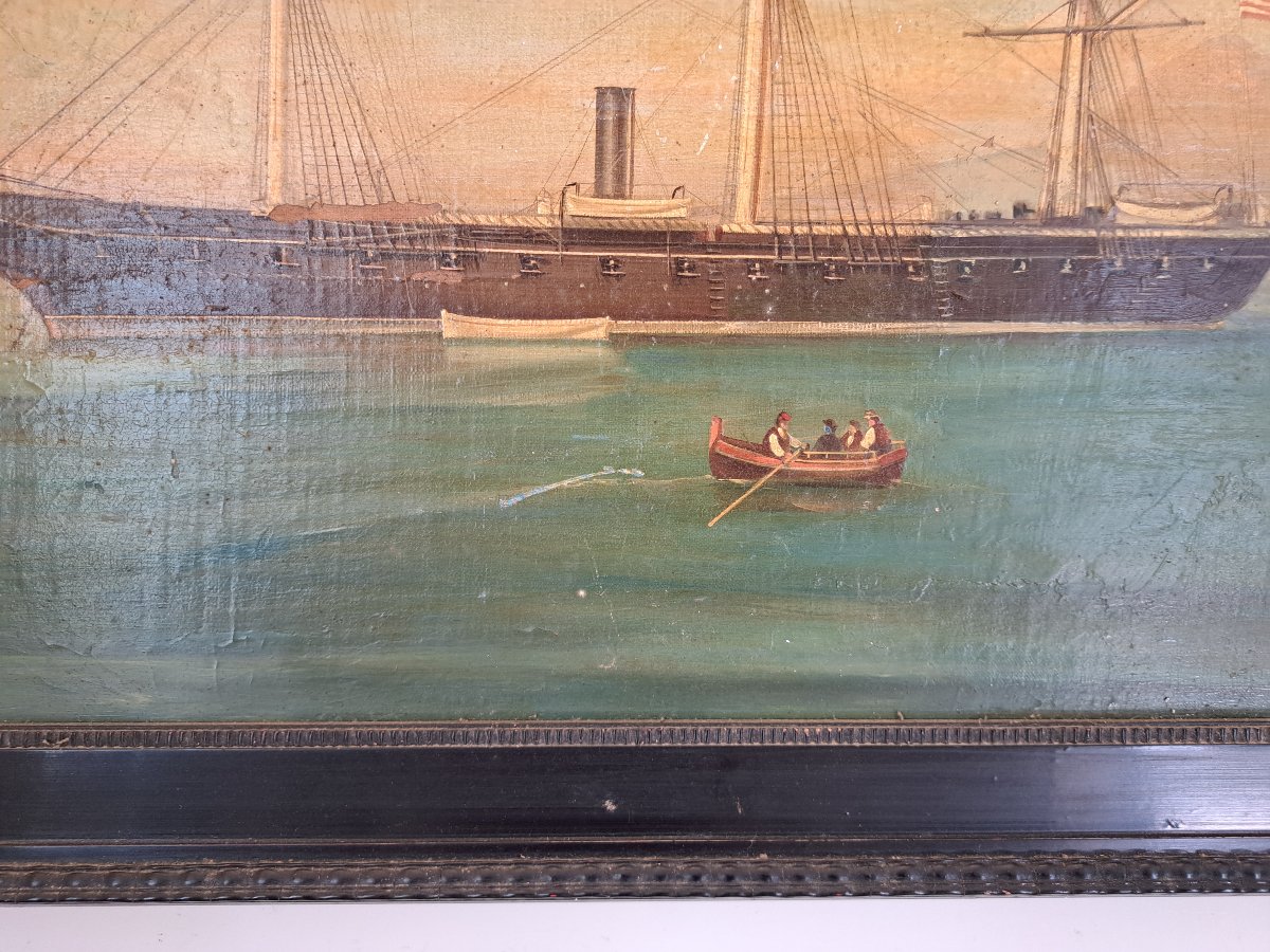 Portrait de Navire américain devant la baie de Naples , Huile sur toile , XIX°. -photo-6
