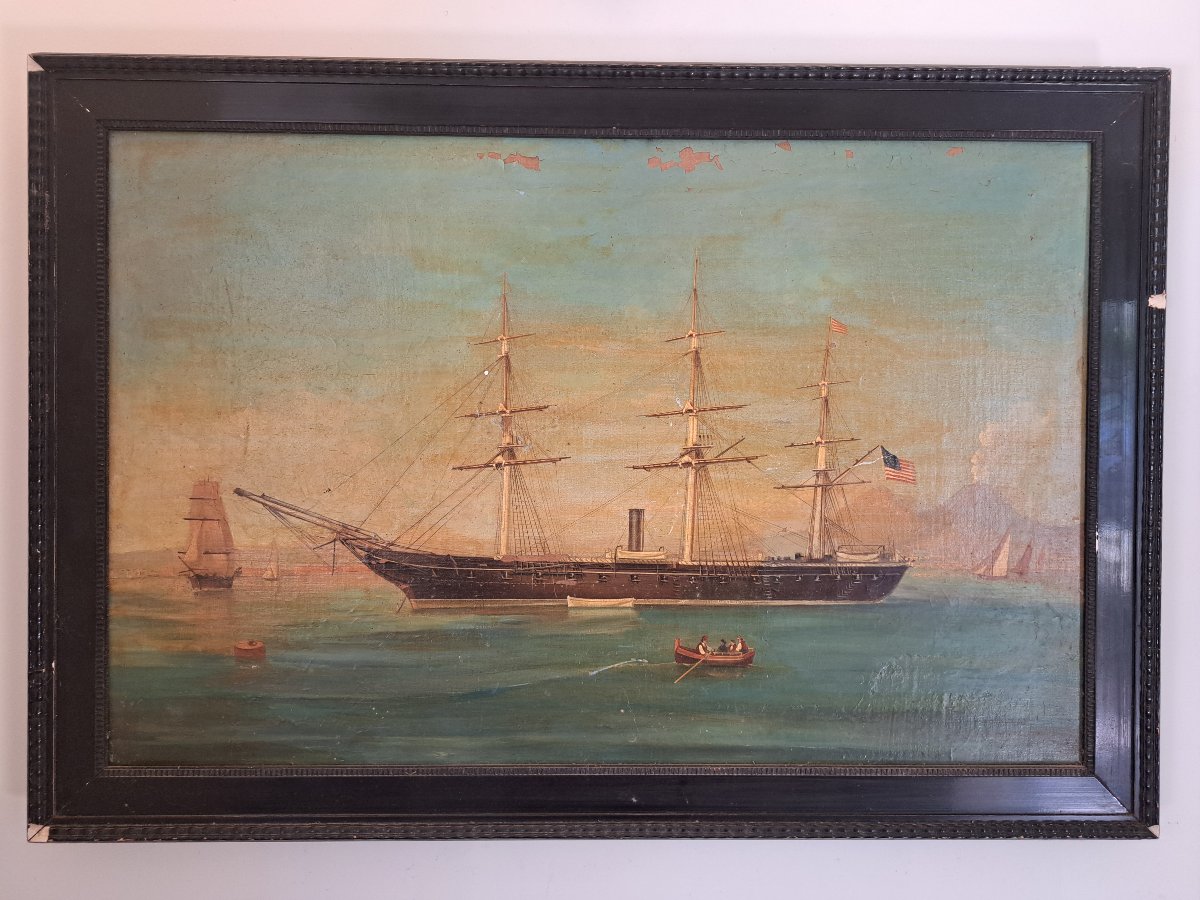 Portrait de Navire américain devant la baie de Naples , Huile sur toile , XIX°. 