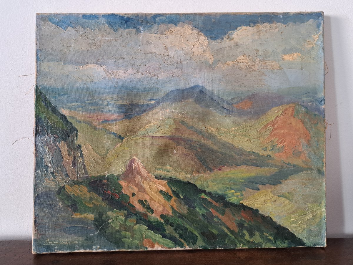 Pierre Valade, The Mountains Of Auvergne, Oil On Canvas, 20th Century. -photo-1