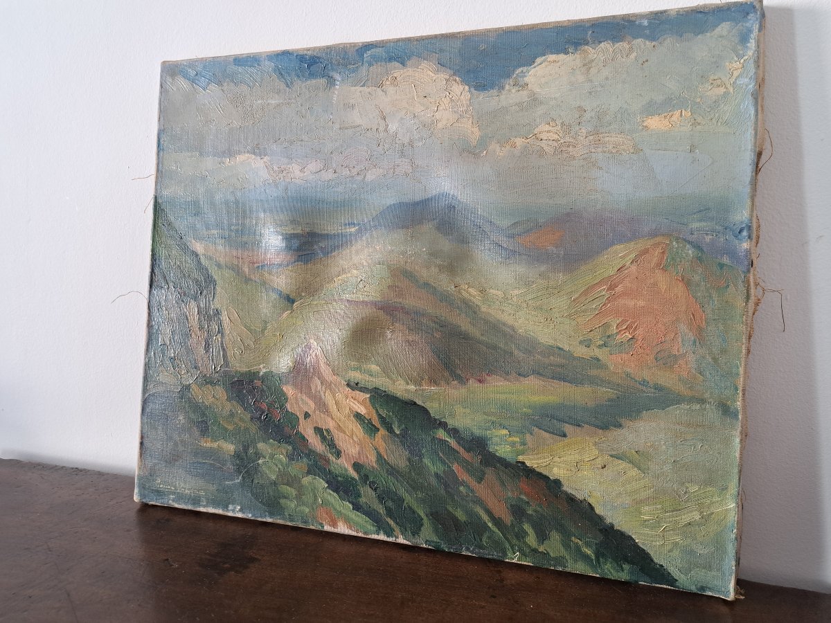 Pierre Valade, The Mountains Of Auvergne, Oil On Canvas, 20th Century. -photo-2