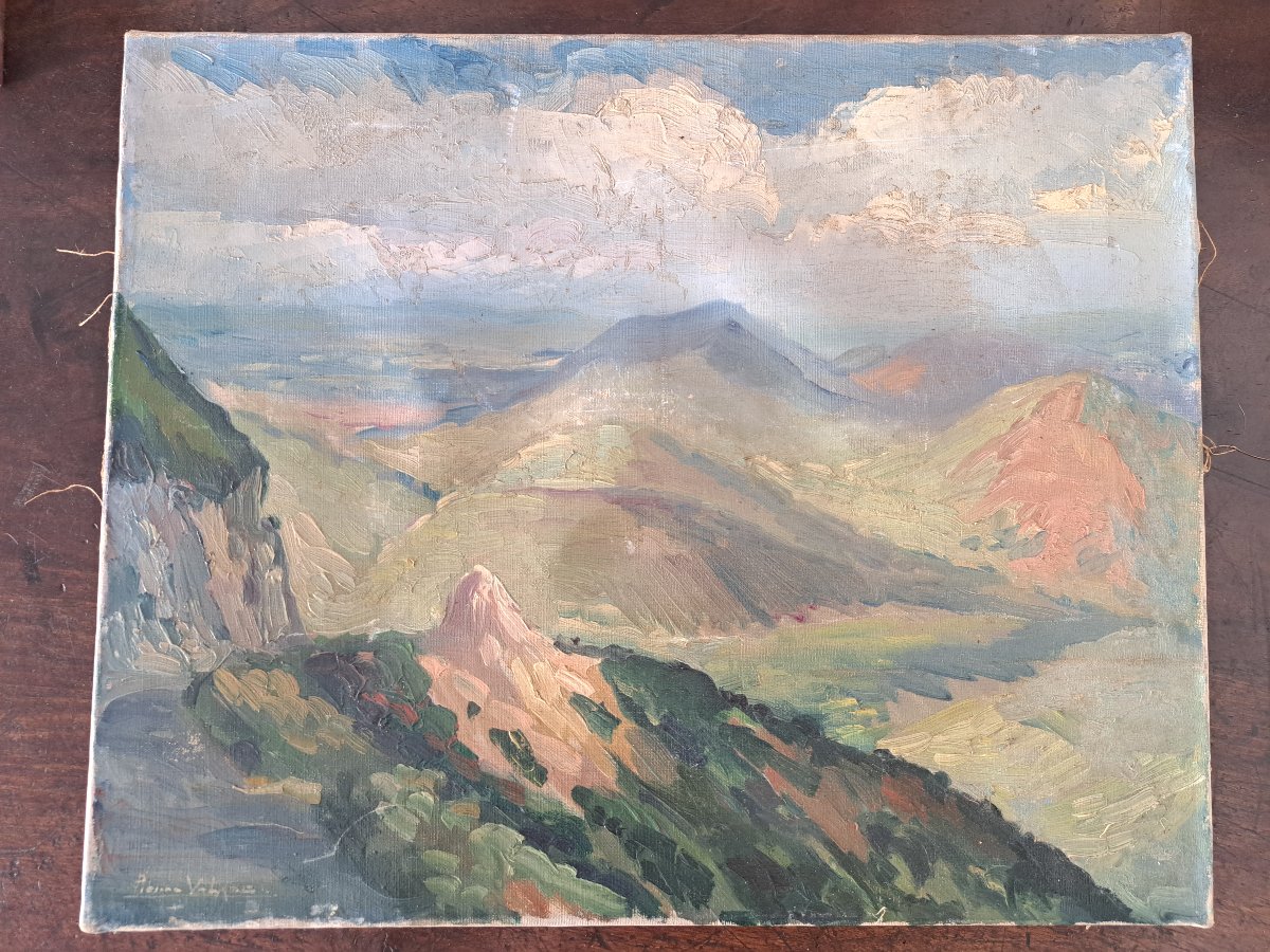 Pierre Valade, The Mountains Of Auvergne, Oil On Canvas, 20th Century. 