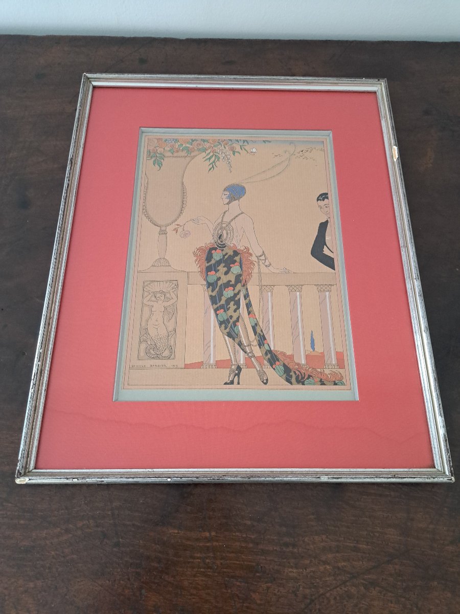 Georges Barbier , Elégante au balcon , Pochoir , Début XX°. -photo-2