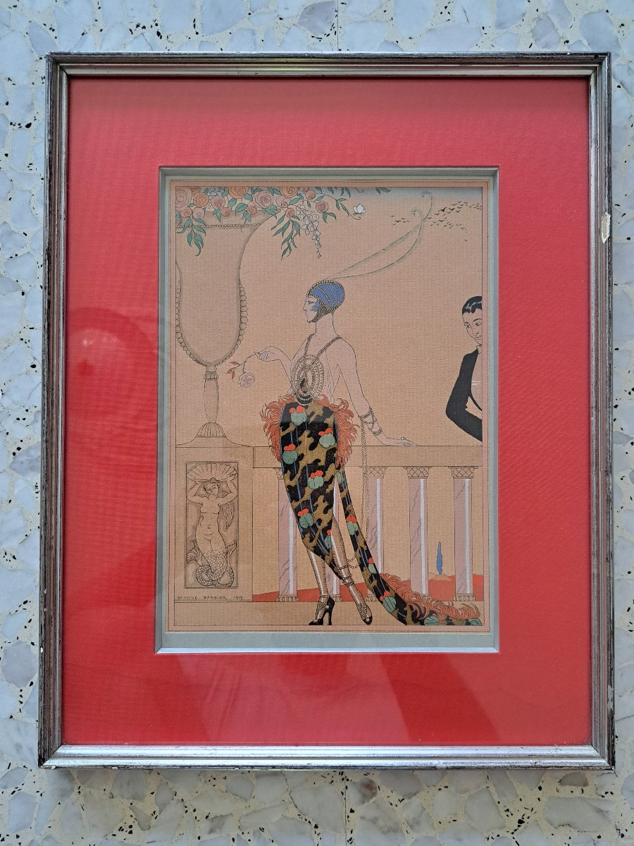 Georges Barbier , Elégante au balcon , Pochoir , Début XX°. -photo-3