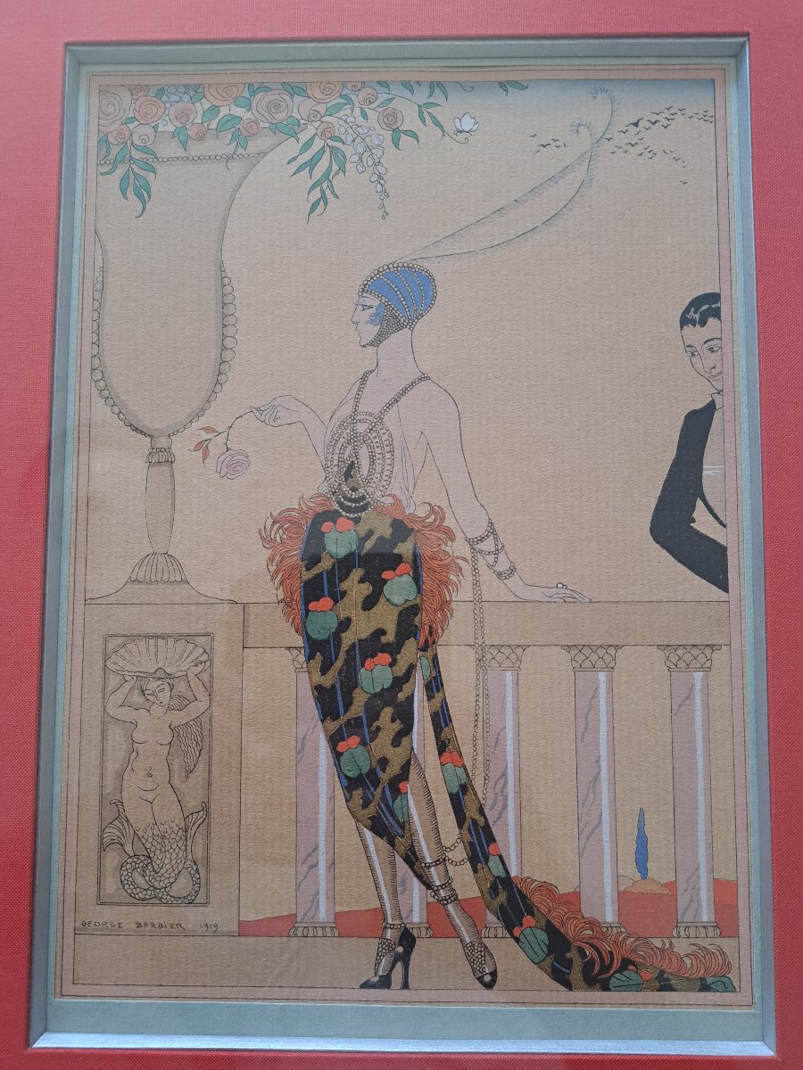 Georges Barbier , Elégante au balcon , Pochoir , Début XX°. -photo-1
