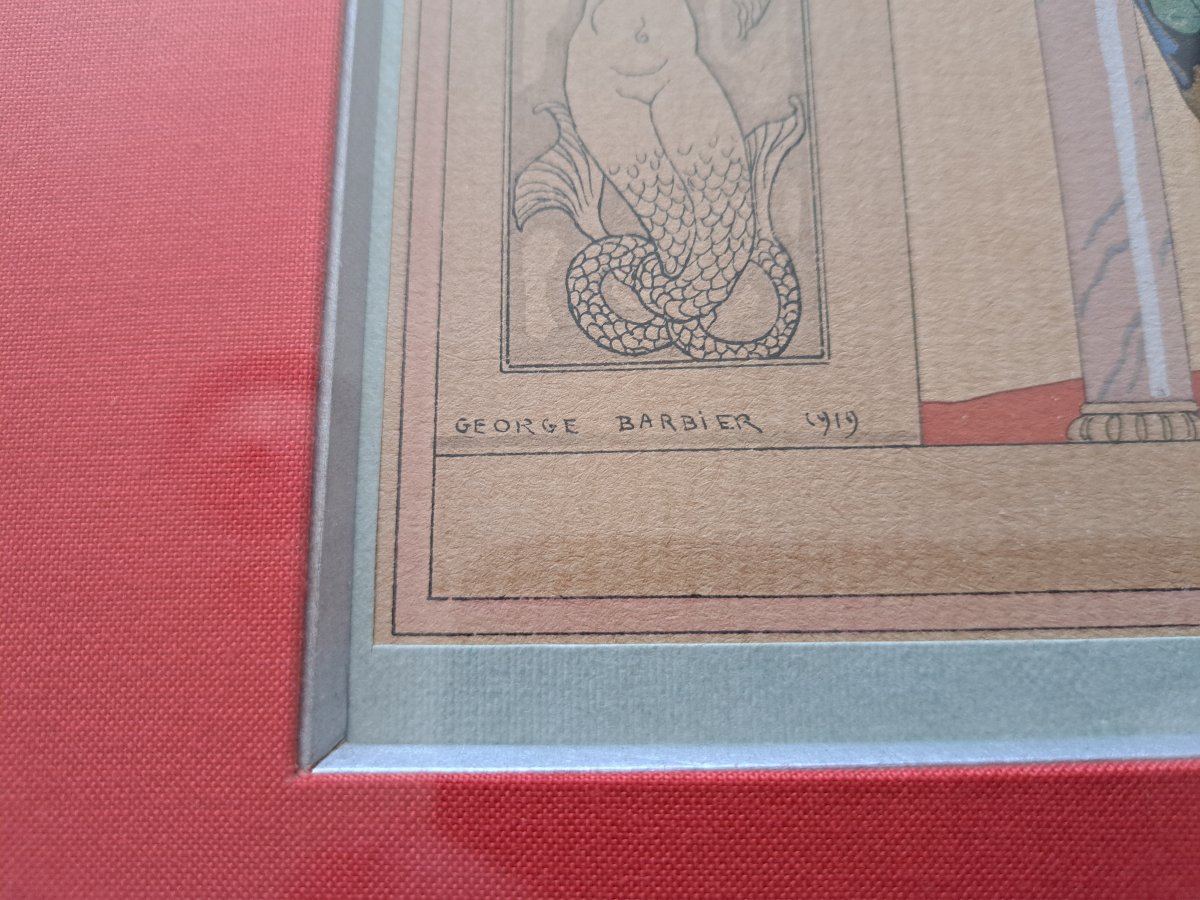 Georges Barbier , Elégante au balcon , Pochoir , Début XX°. -photo-3