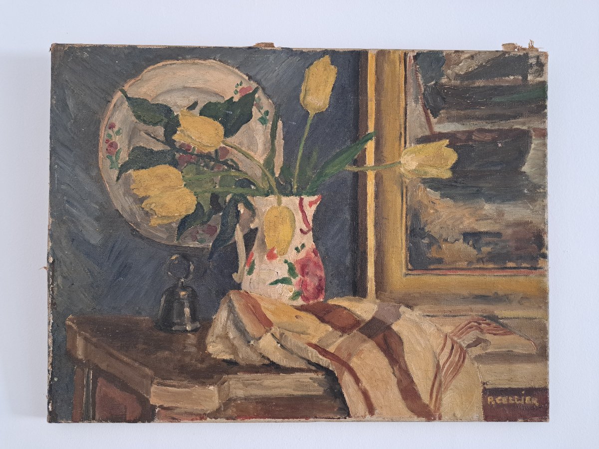 P.Cellier , Nature morte aux tulipes , Huile sur Toile , Début XX°. -photo-2