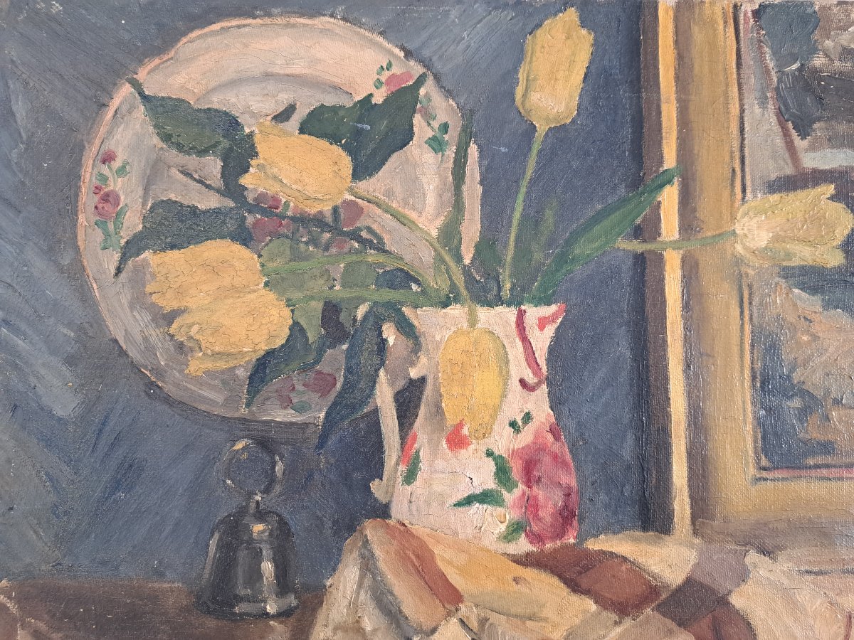 P.Cellier , Nature morte aux tulipes , Huile sur Toile , Début XX°. -photo-4