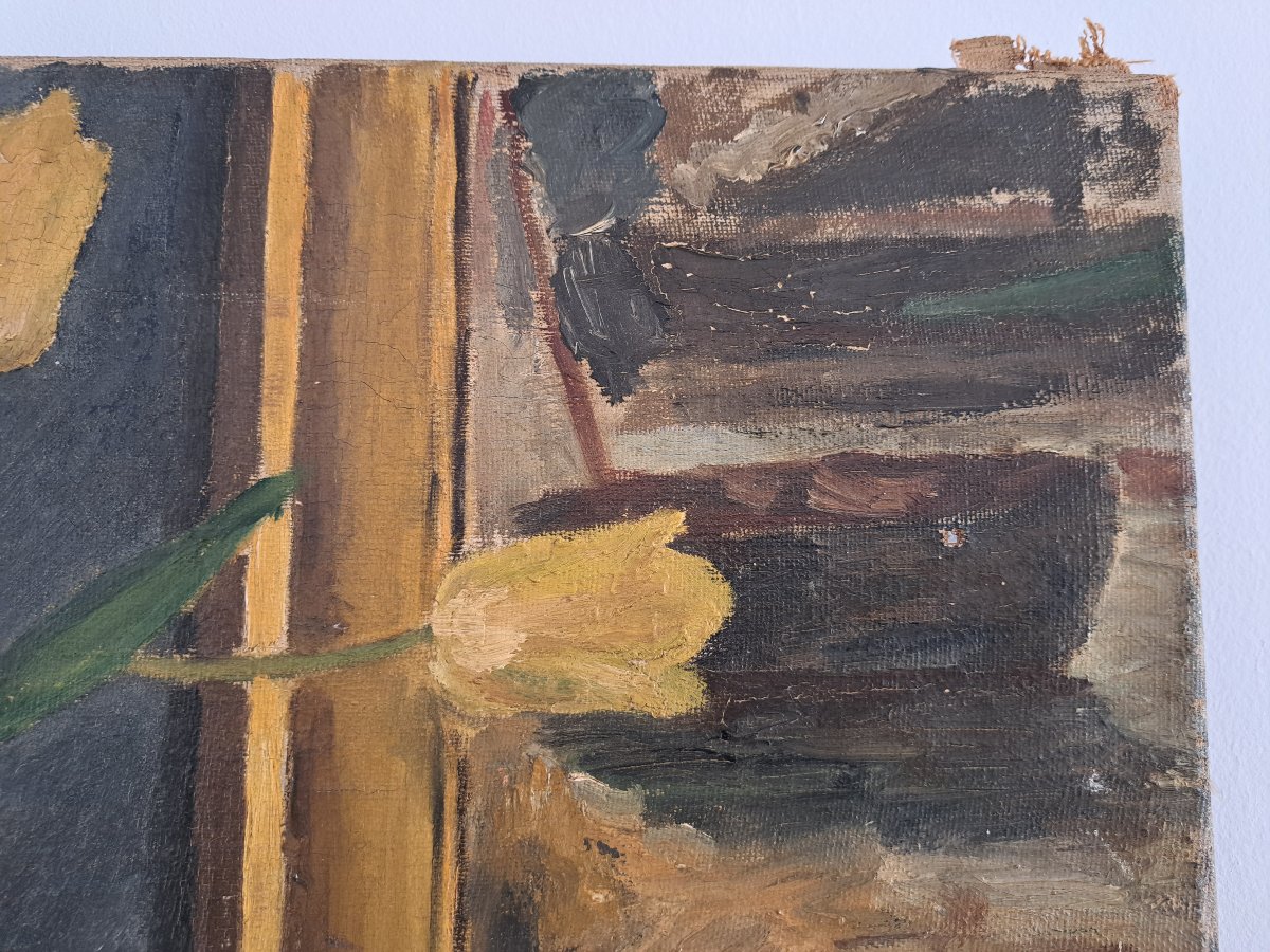 P.Cellier , Nature morte aux tulipes , Huile sur Toile , Début XX°. -photo-1