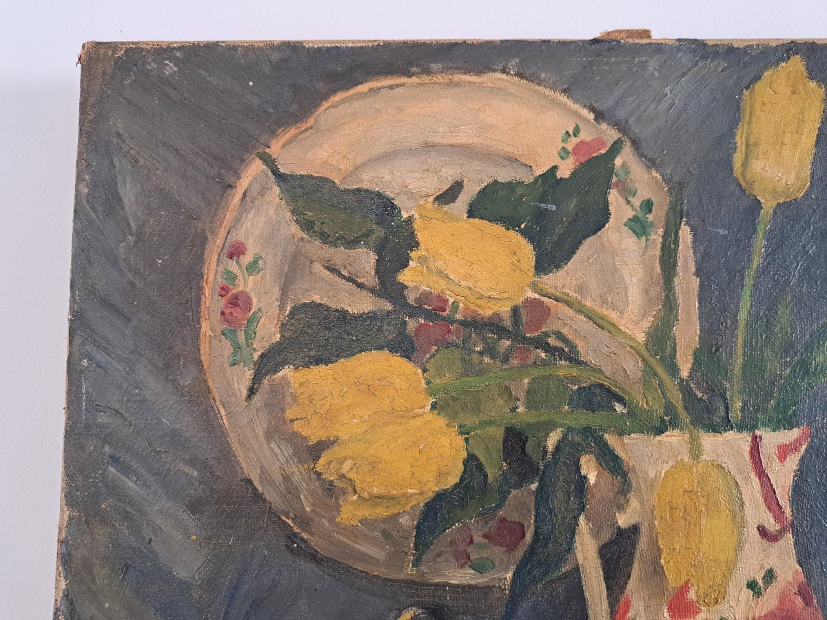 P.Cellier , Nature morte aux tulipes , Huile sur Toile , Début XX°. -photo-5