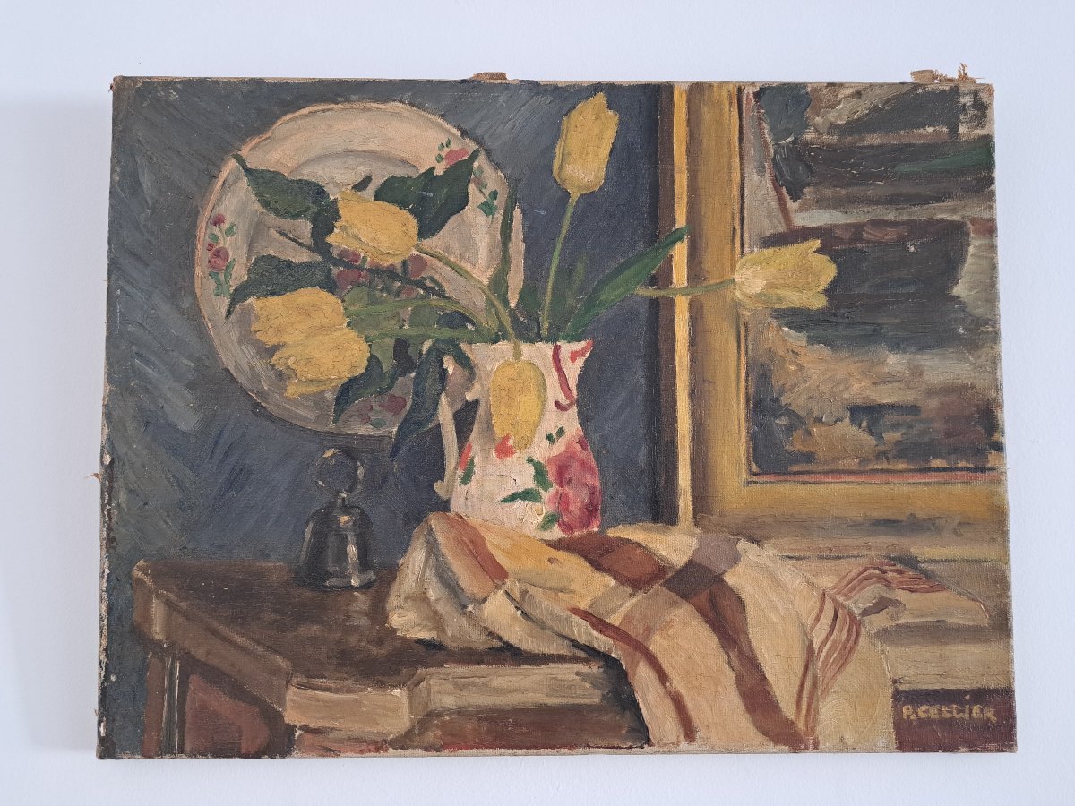 P.Cellier , Nature morte aux tulipes , Huile sur Toile , Début XX°. 