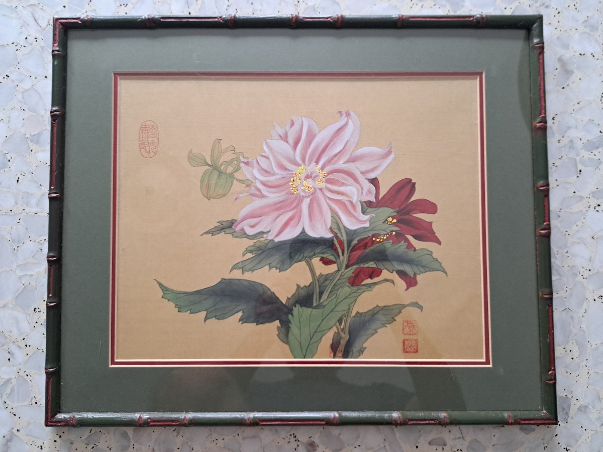 Ning , Pivoines , Aquarelle sur soie , Chine , XX°. -photo-2