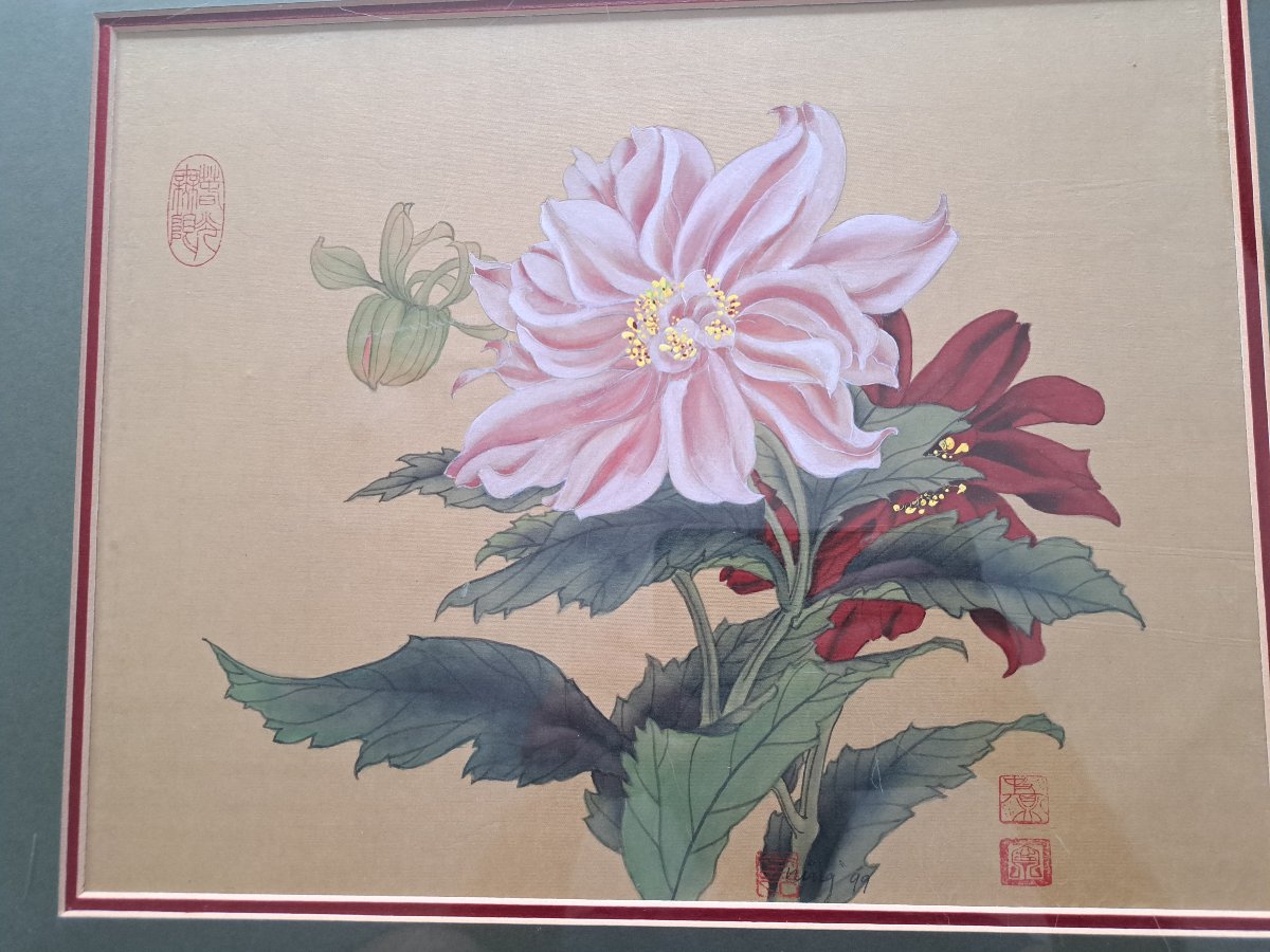 Ning , Pivoines , Aquarelle sur soie , Chine , XX°. -photo-3