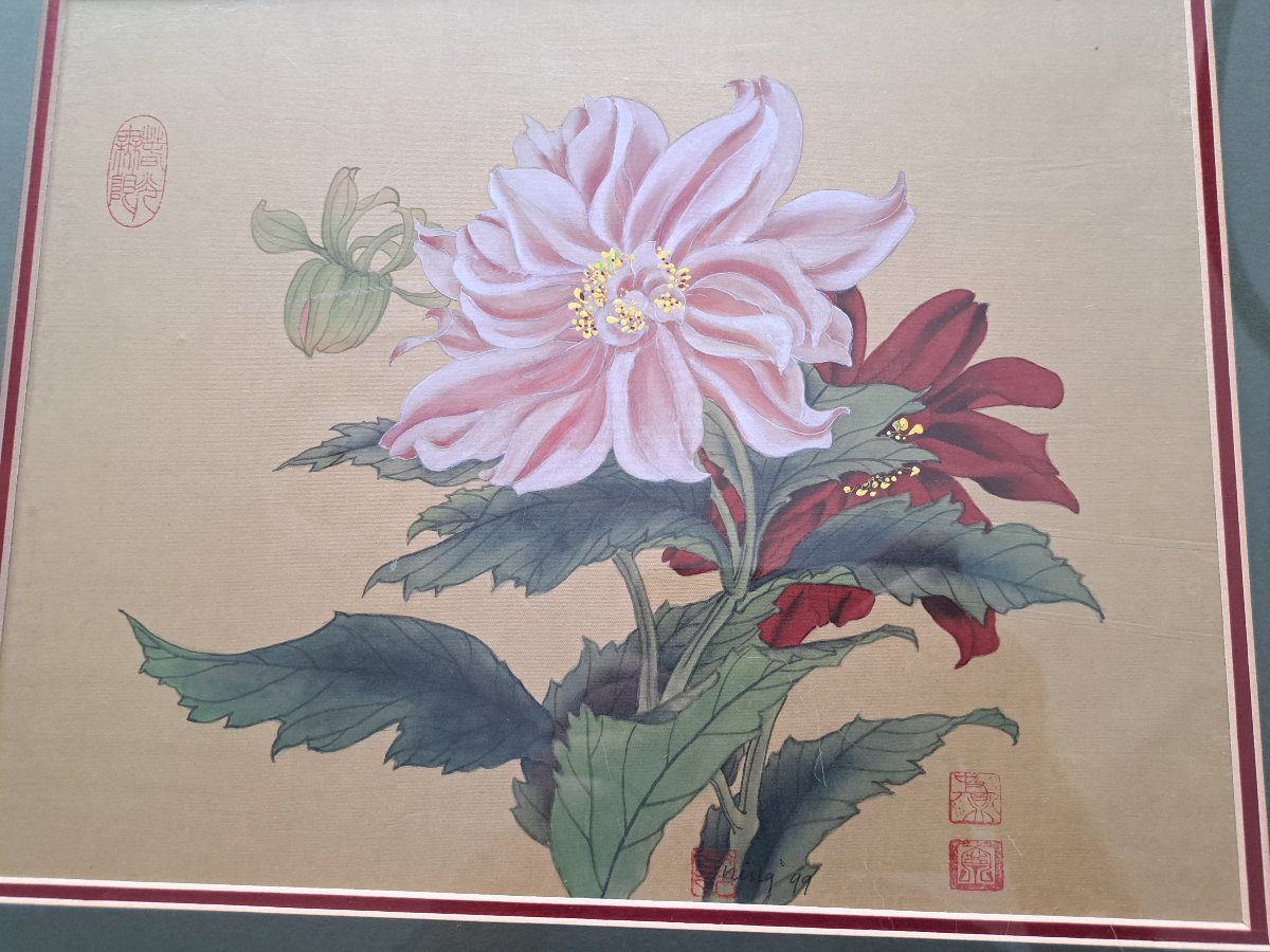 Ning , Pivoines , Aquarelle sur soie , Chine , XX°. -photo-3