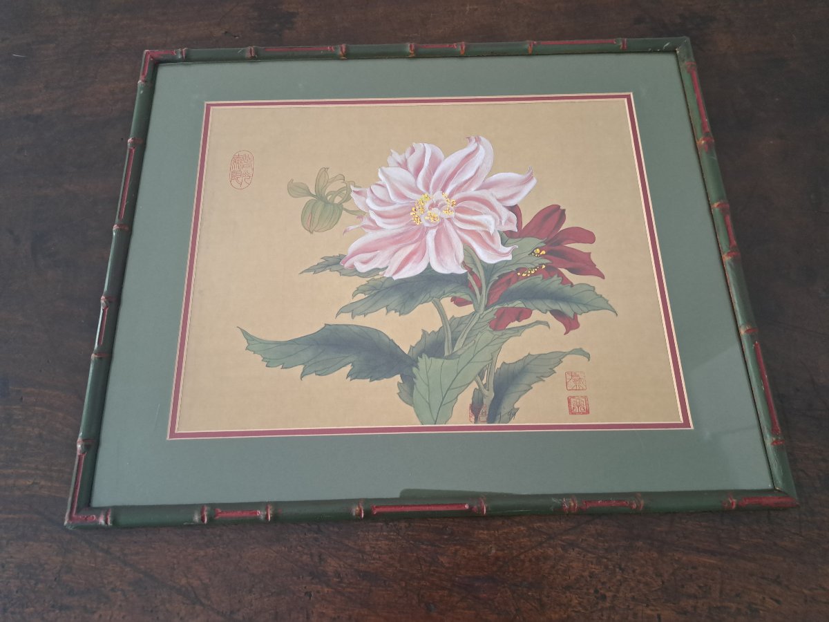 Ning , Pivoines , Aquarelle sur soie , Chine , XX°. -photo-5