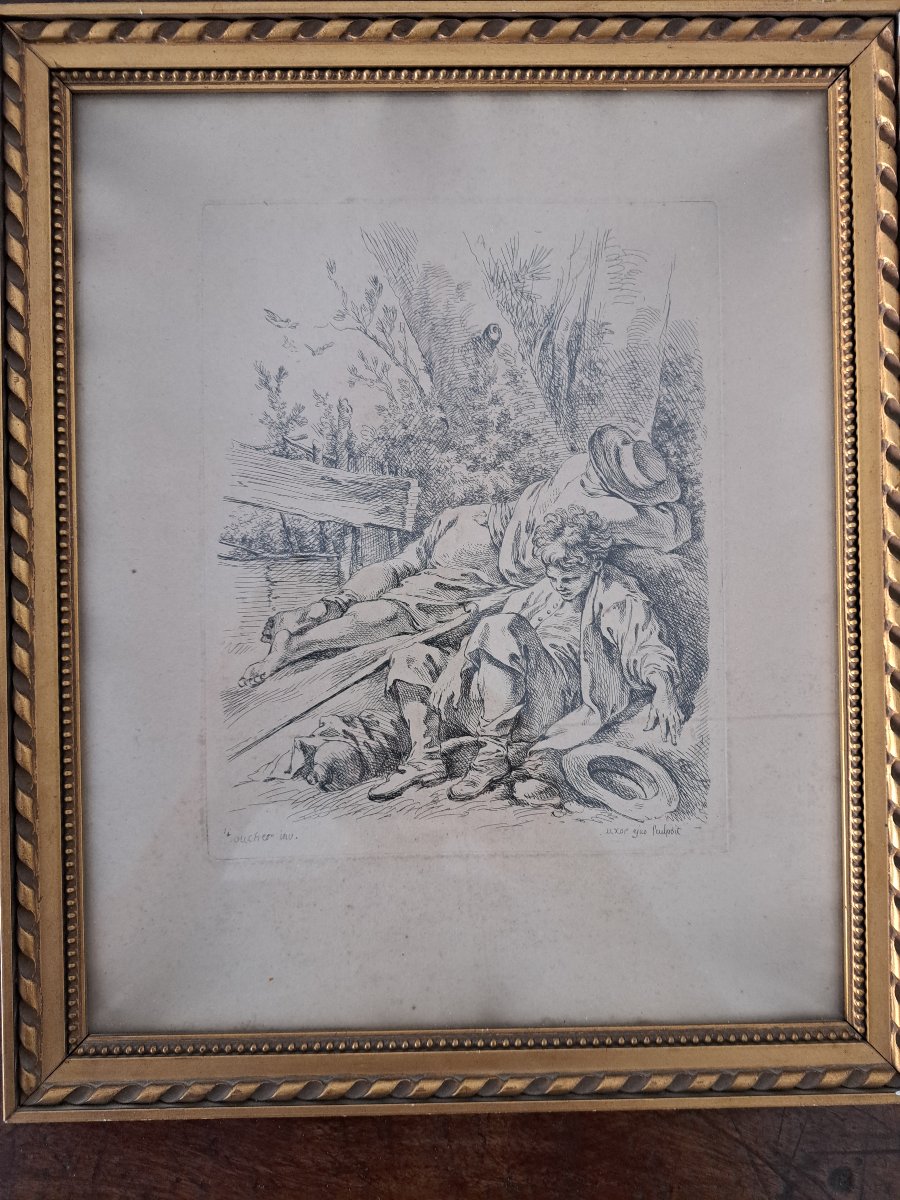Marie Jeanne Boucher, *two Sleeping Peasants*, Etching On Paper, 18th Century. -photo-2