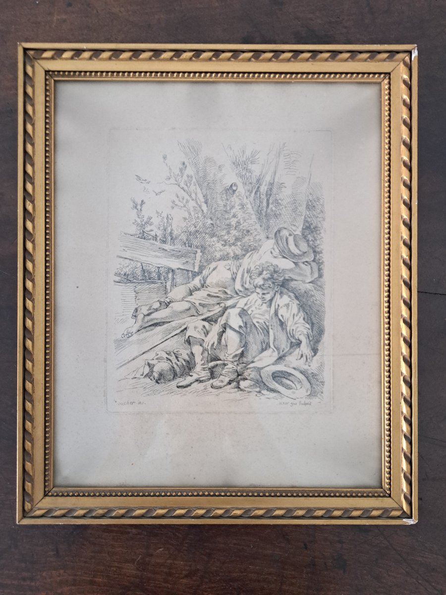 Marie Jeanne Boucher, *two Sleeping Peasants*, Etching On Paper, 18th Century. -photo-4