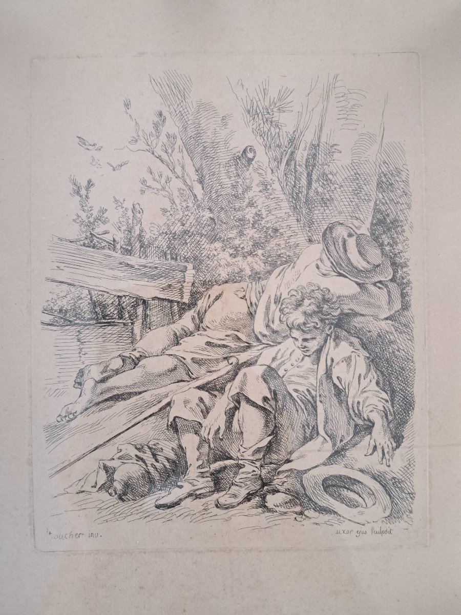Marie Jeanne Boucher, *two Sleeping Peasants*, Etching On Paper, 18th Century. -photo-1