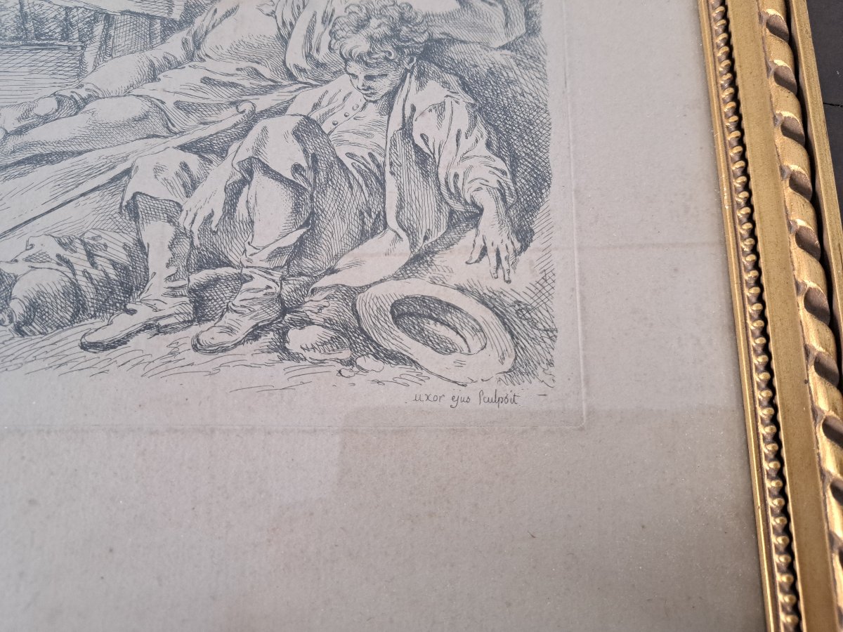 Marie Jeanne Boucher, *two Sleeping Peasants*, Etching On Paper, 18th Century. -photo-4