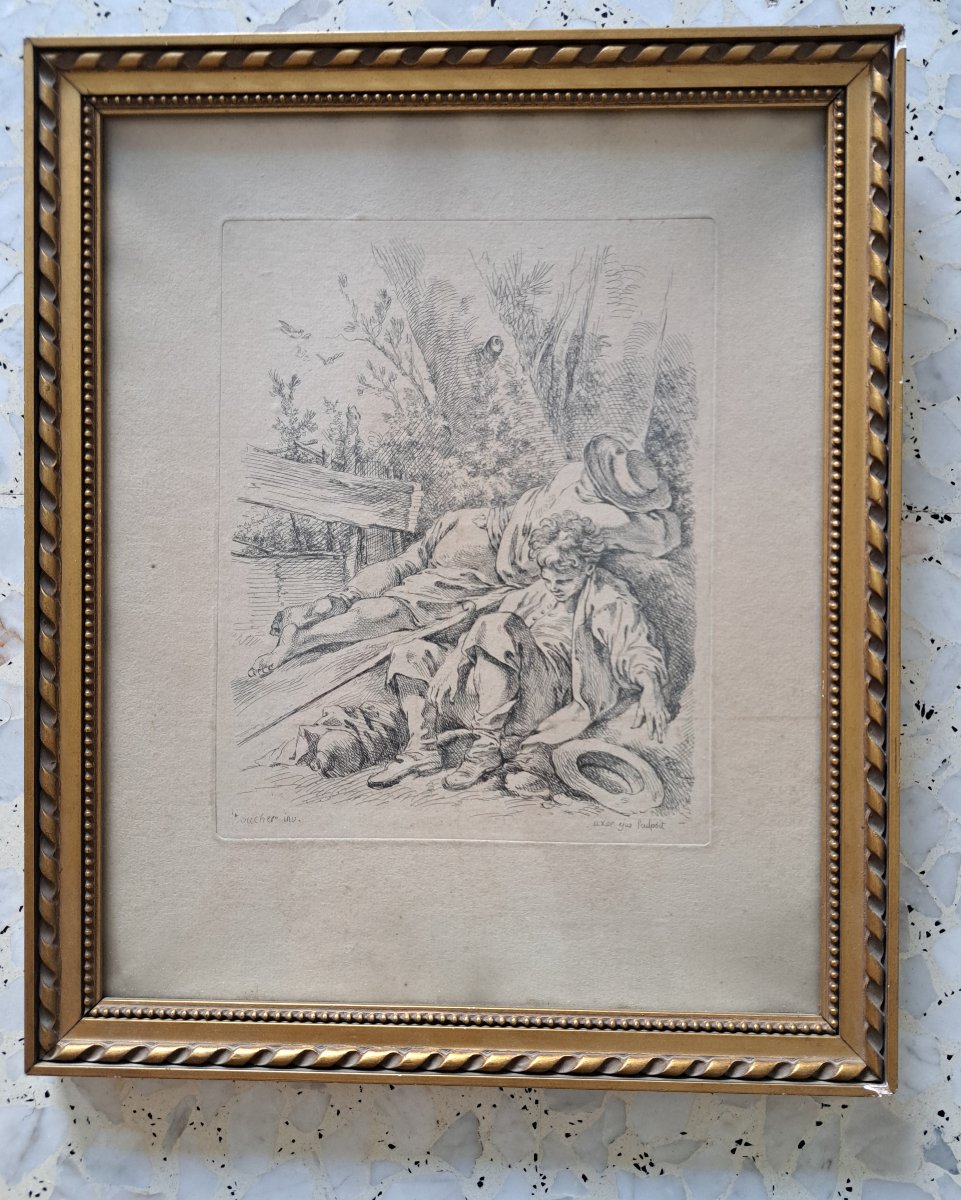 Marie Jeanne Boucher, *two Sleeping Peasants*, Etching On Paper, 18th Century. -photo-5