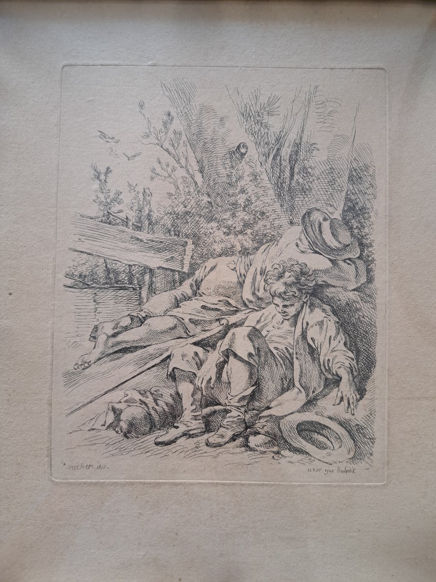 Marie Jeanne Boucher, *two Sleeping Peasants*, Etching On Paper, 18th Century. -photo-6