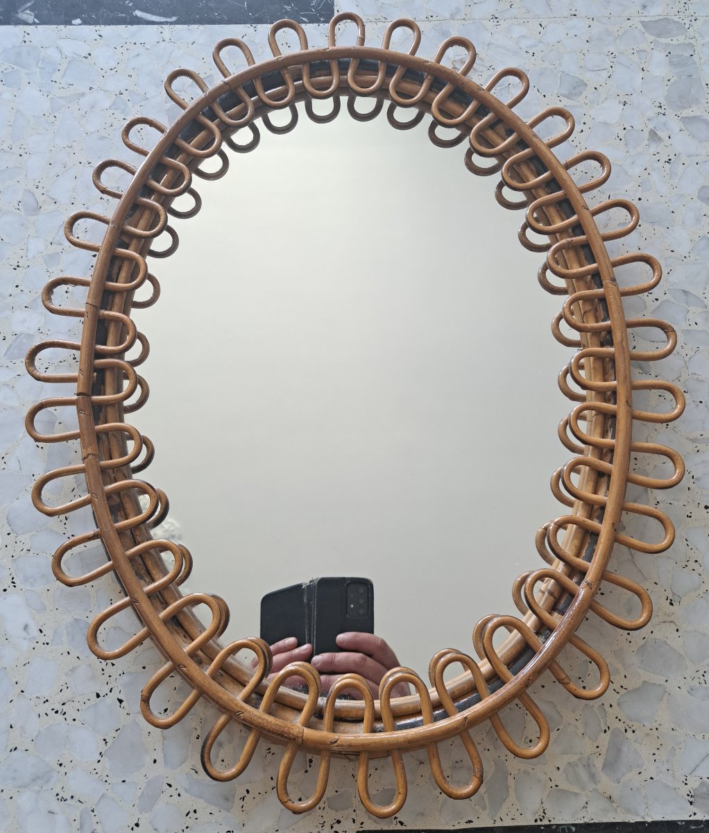 Attribué à Franco Albini , Miroir ovale en rotin et bambou , Année 50/60 . -photo-2