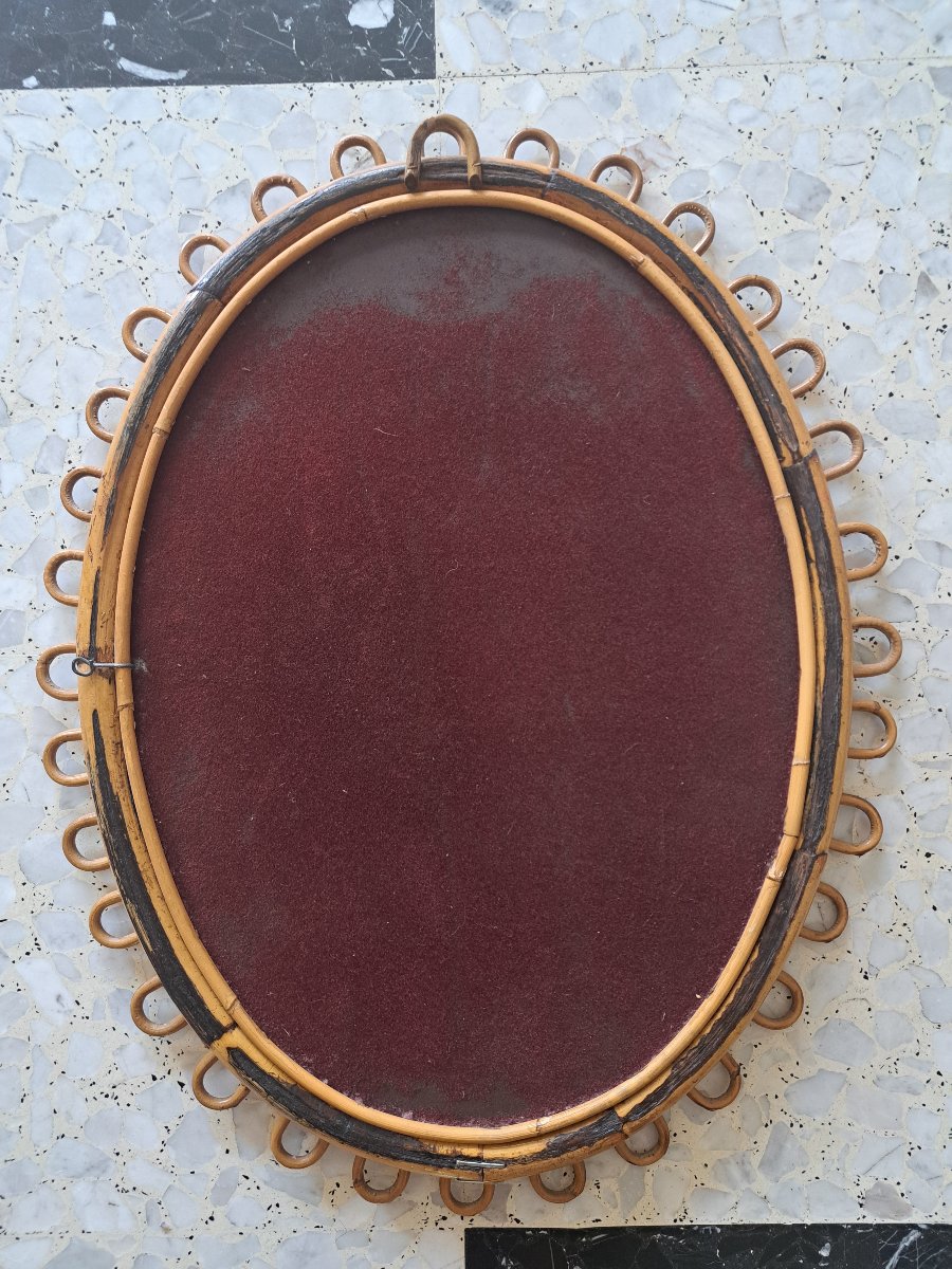 Attribué à Franco Albini , Miroir ovale en rotin et bambou , Année 50/60 . -photo-2