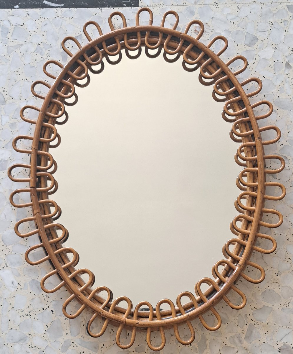 Attribué à Franco Albini , Miroir ovale en rotin et bambou , Année 50/60 . 
