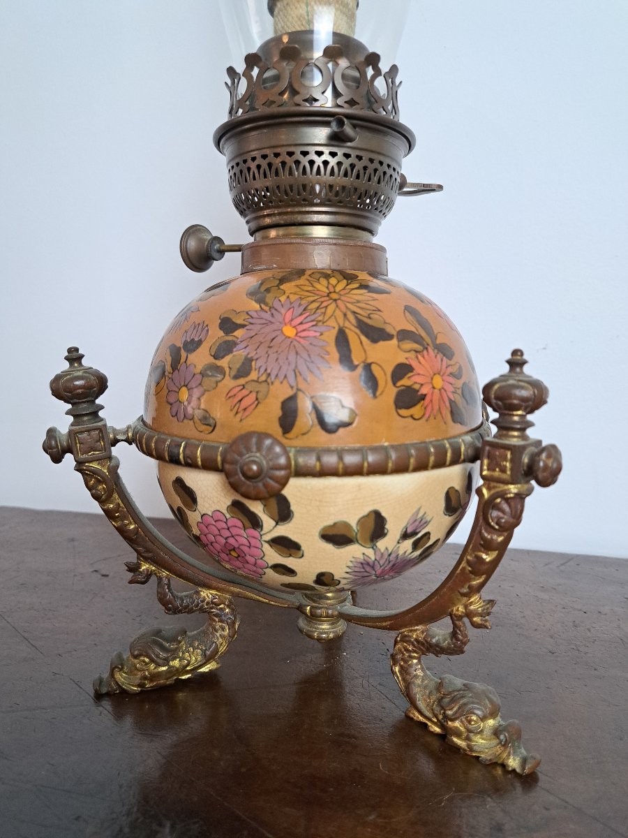 Zsolnay? , Oil Lamp Made Of Earthenware And Bronze, 19th Century. -photo-3