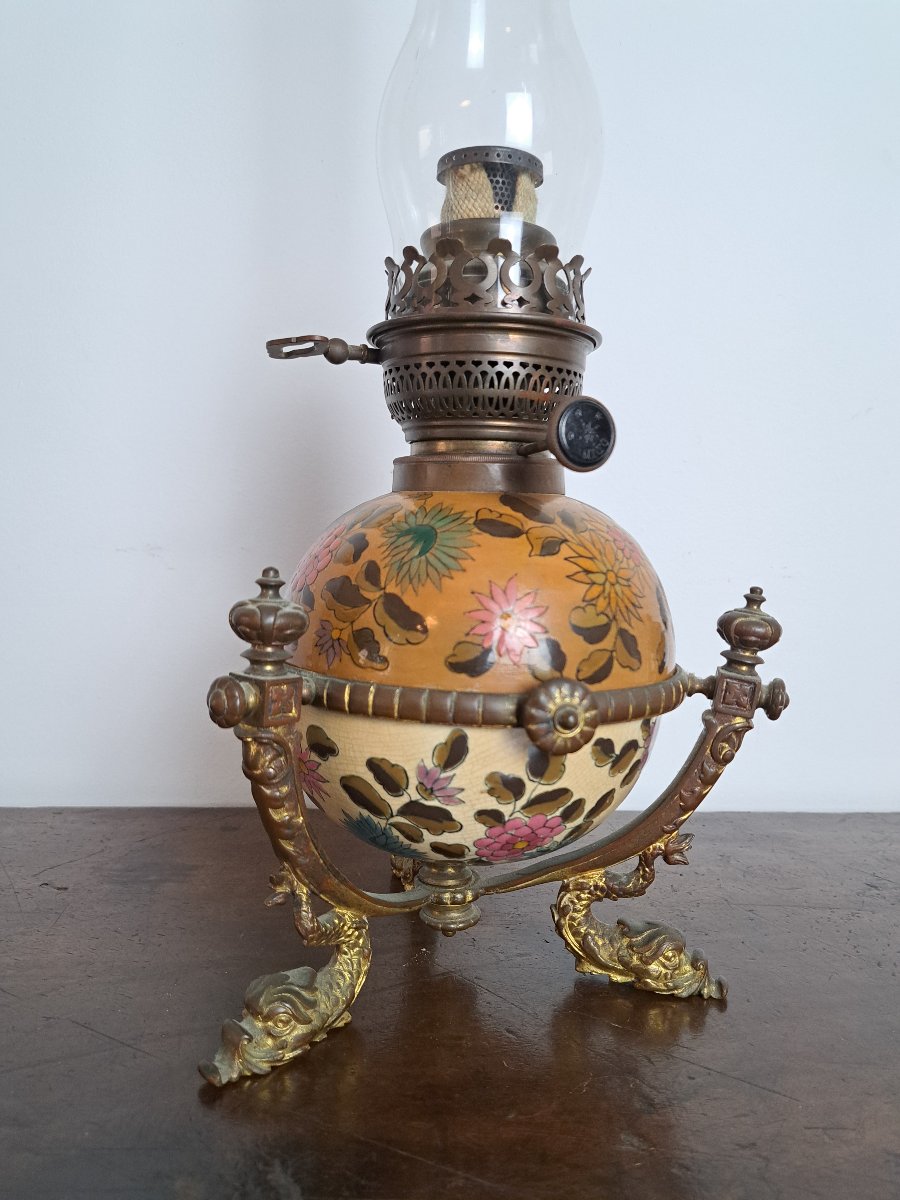 Zsolnay? , Oil Lamp Made Of Earthenware And Bronze, 19th Century. -photo-1