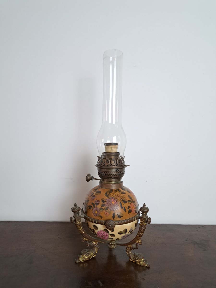 Zsolnay? , Oil Lamp Made Of Earthenware And Bronze, 19th Century. 